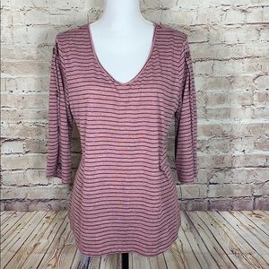 V Neck Casual Top Striped 3/4 Sleeve Button Accents Size XL